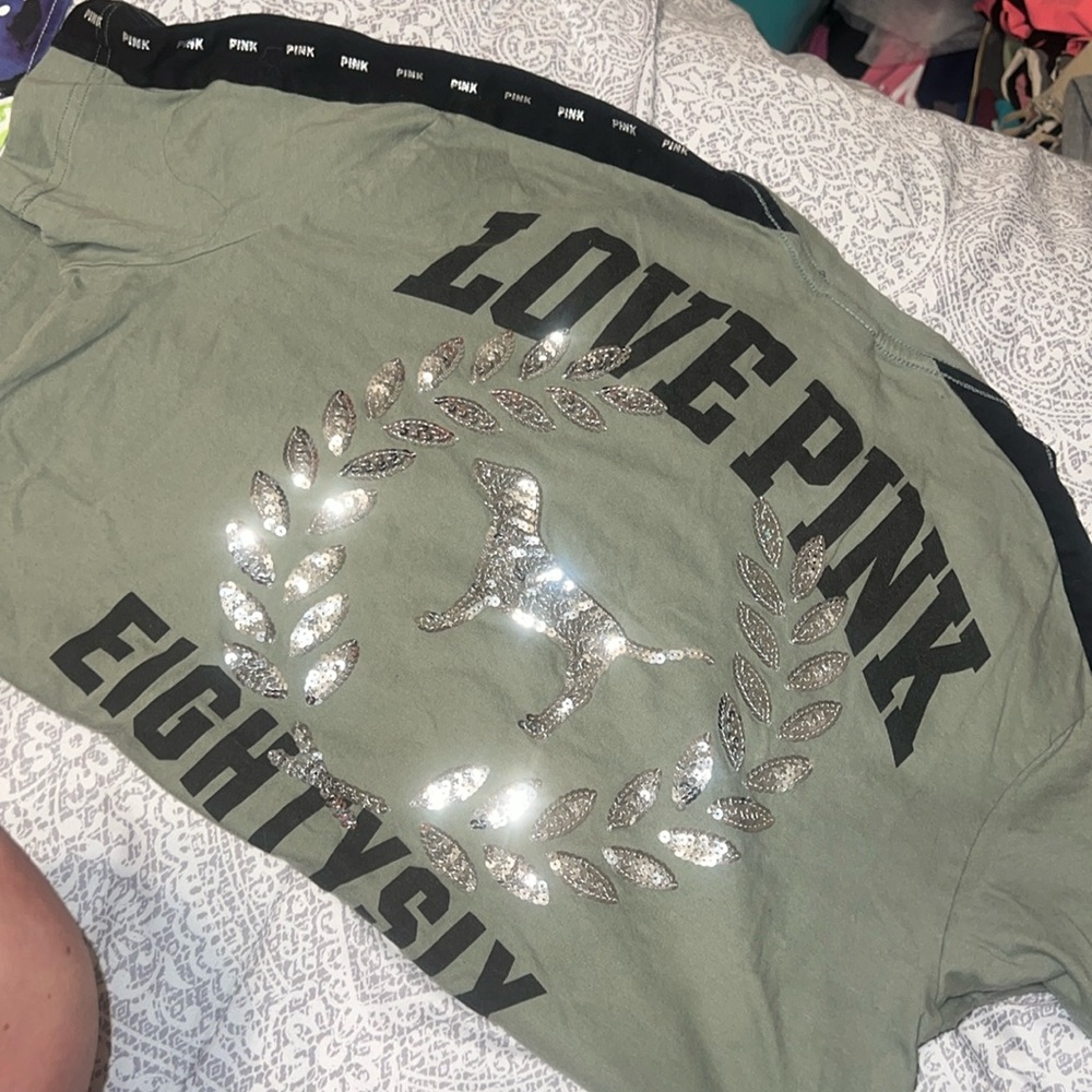 VS PINK Bling Tee army green logo S